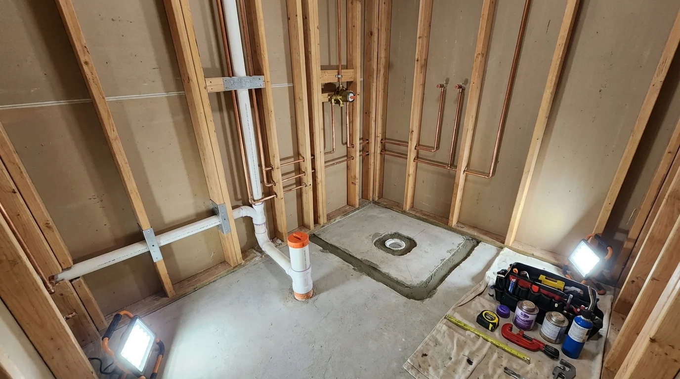 Bathroom rough-in plumbing during remodel by Johns Plumbing LLC in Lithopolis
