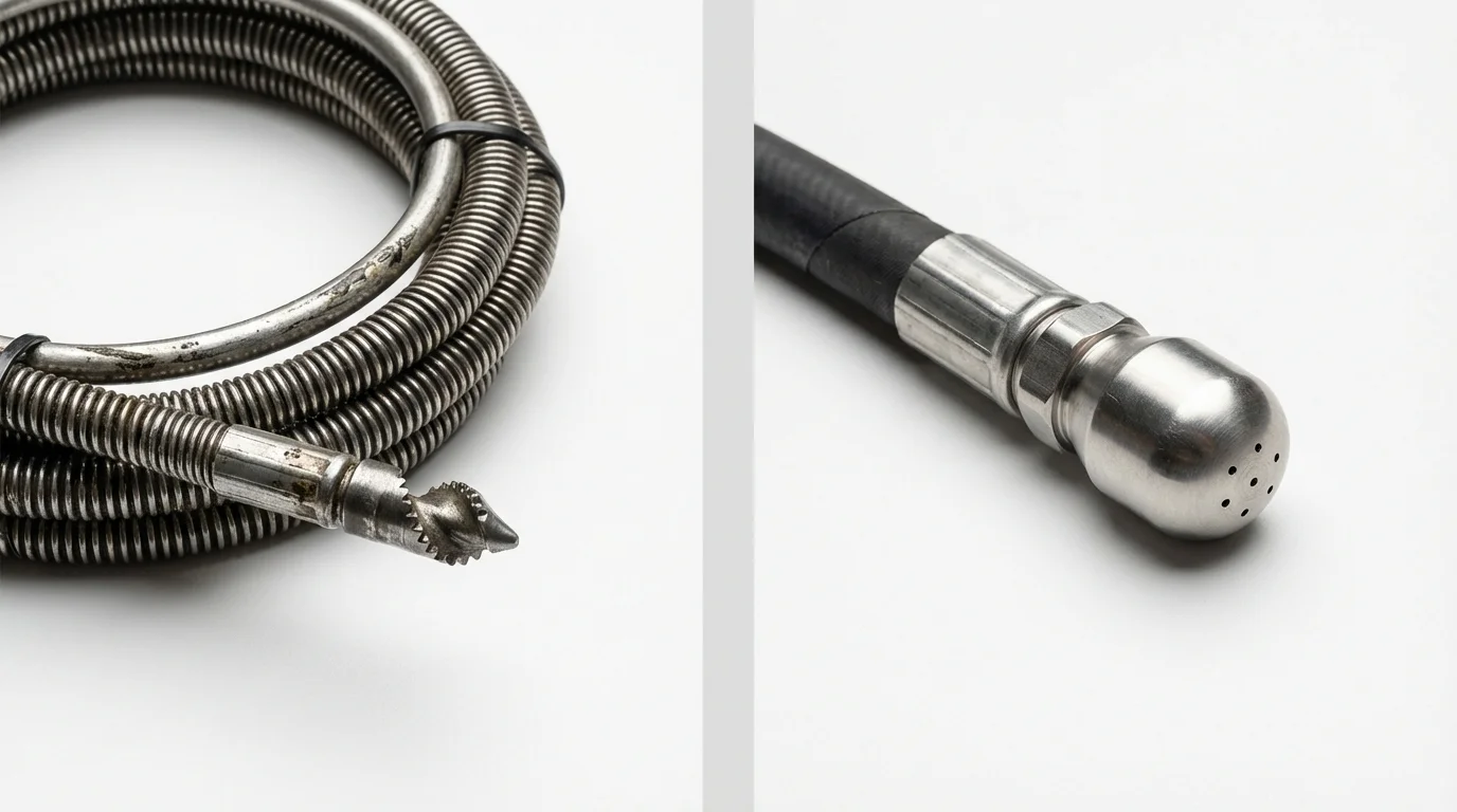 Drain snake cable and hydro jetting nozzle used for drain cleaning in Lithopolis, OH