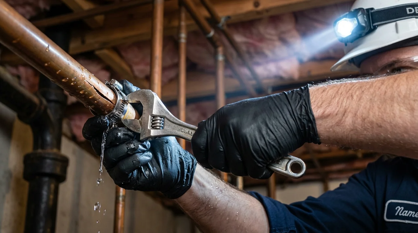 Emergency pipe clamp repair being performed by a Johns Plumbing LLC plumber in Lithopolis