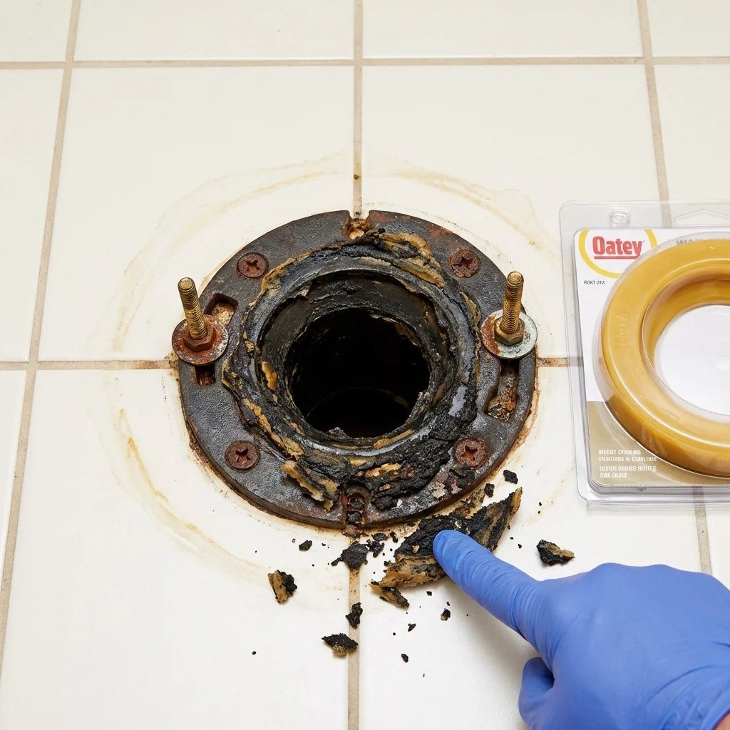 Failed wax ring showing water seepage at the base of a toilet in a Lithopolis, OH home
