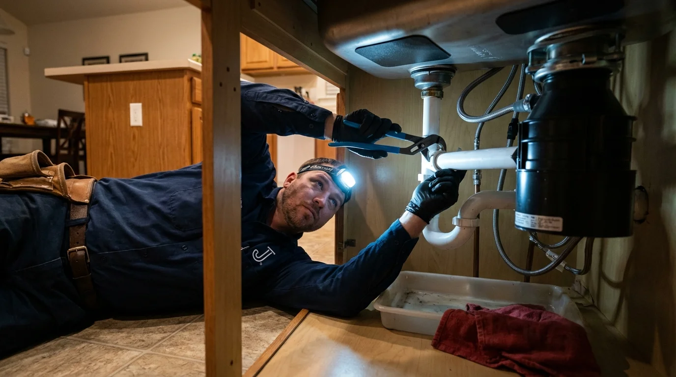 P-trap and supply line connections under a kitchen sink showing a common leak point in Lithopolis, OH